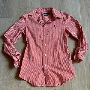 Polo Ralph Lauren Orange Striped Long Sleeve ButtonUp Equestrian Classic sz 2